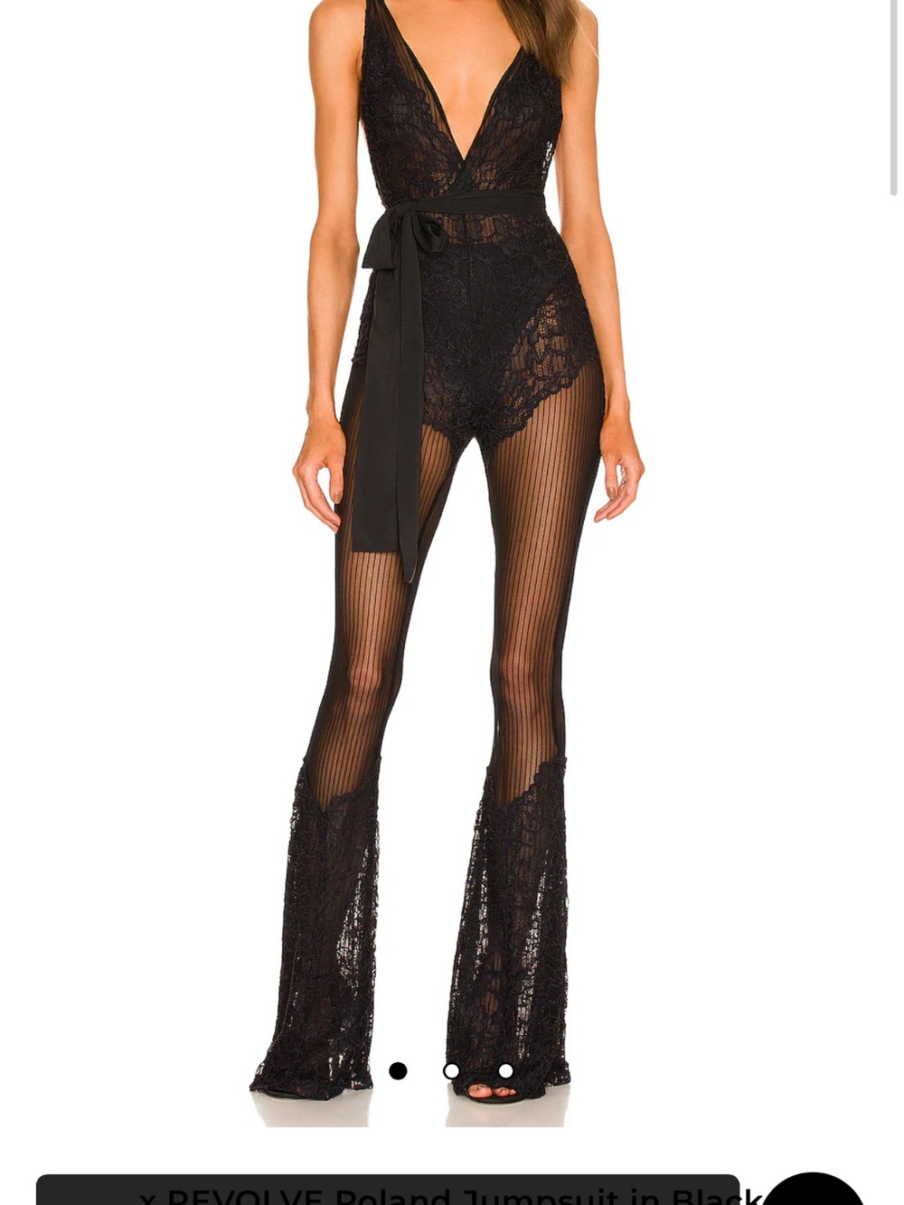 Sleek Black Lace Sheer V-Neck Jumpsuit with Waist Sash